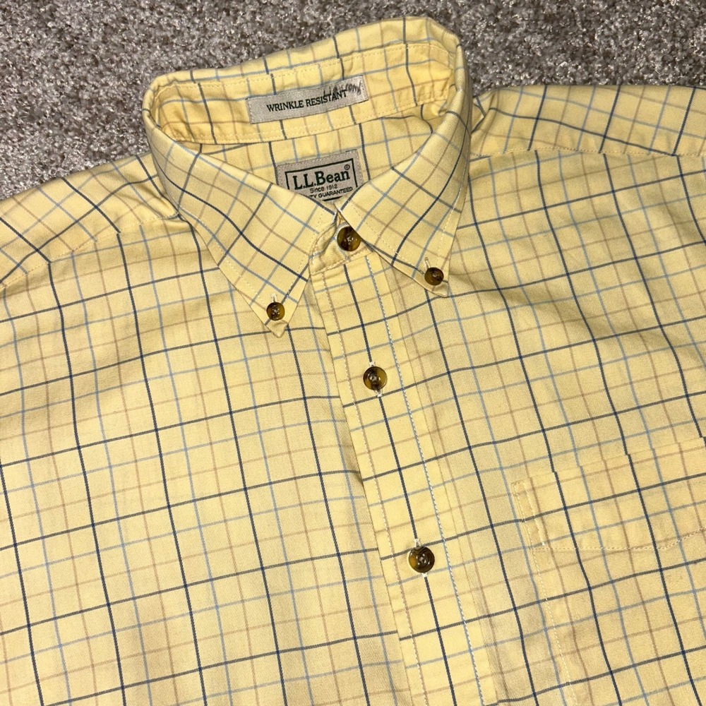 L.L.Bean Wrinkle Resistant Yellow Blue Windowpane Plaid Button Shirt Mens M Reg